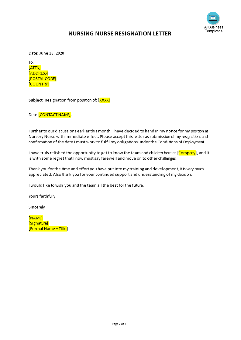 Nursery Nurse Resignation Letter Templates At Allbusinesstemplates