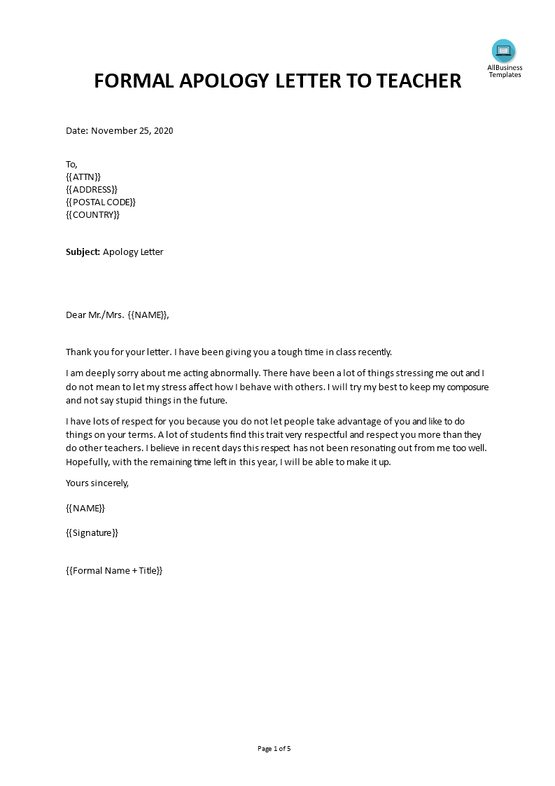 Apology Letter To Teacher Templates at