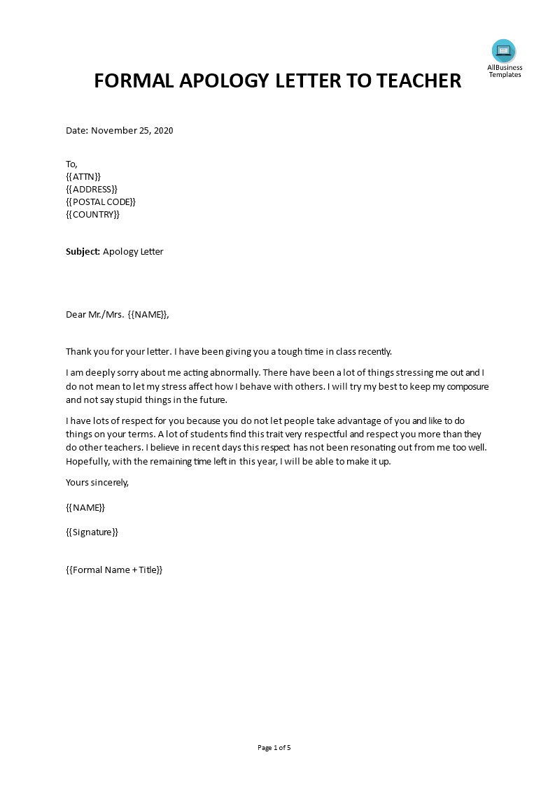 Apology Letter To Teacher Templates At Allbusinesstemplates