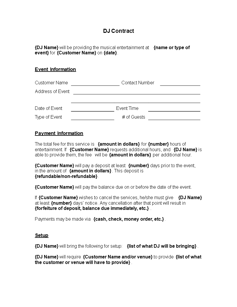 Printable DJ Contract Template Templates At Allbusinesstemplates