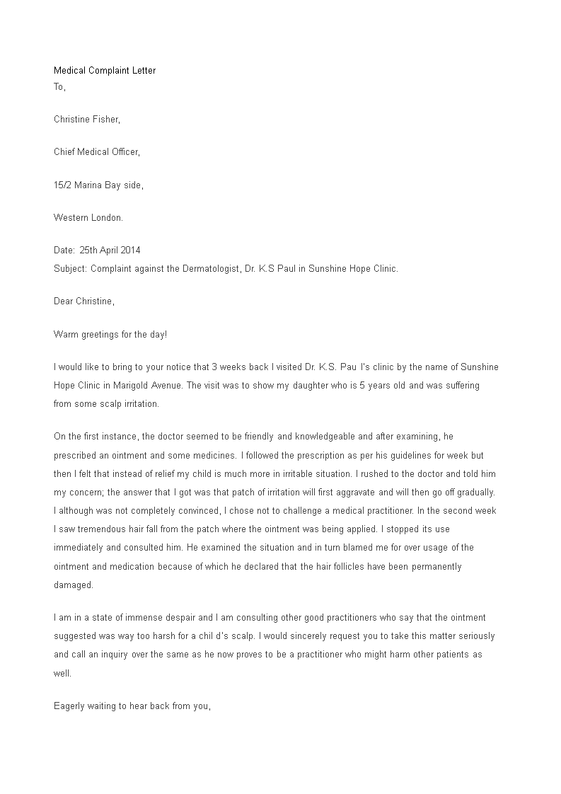 Formal Medical Complaint Letter Templates At Allbusinesstemplates