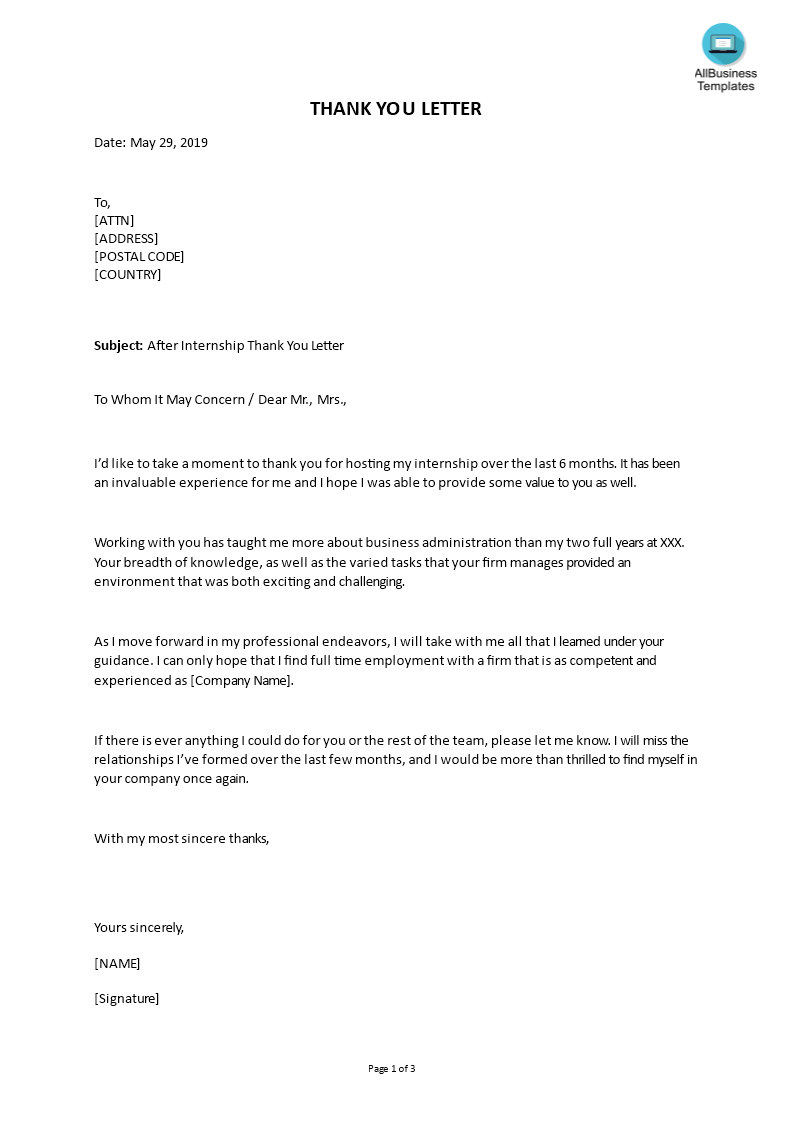 sample after internship thank you letter template