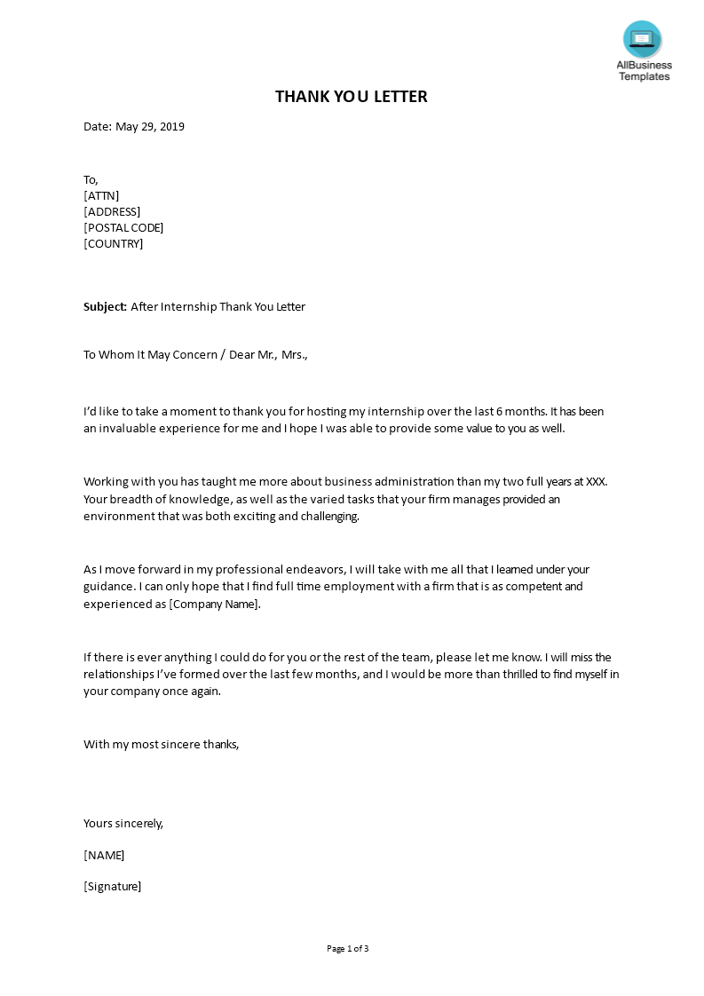 Sample After Internship Thank You Letter Templates At 