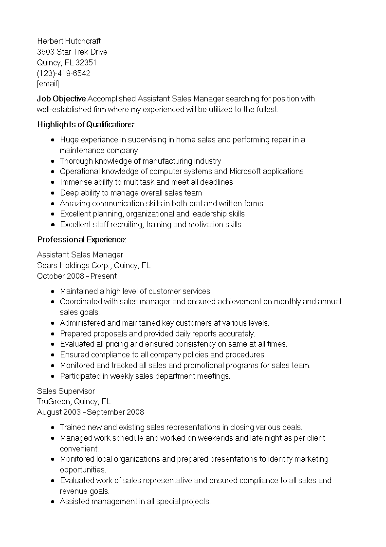 Kostenloses Sales Manager Assistant Resume