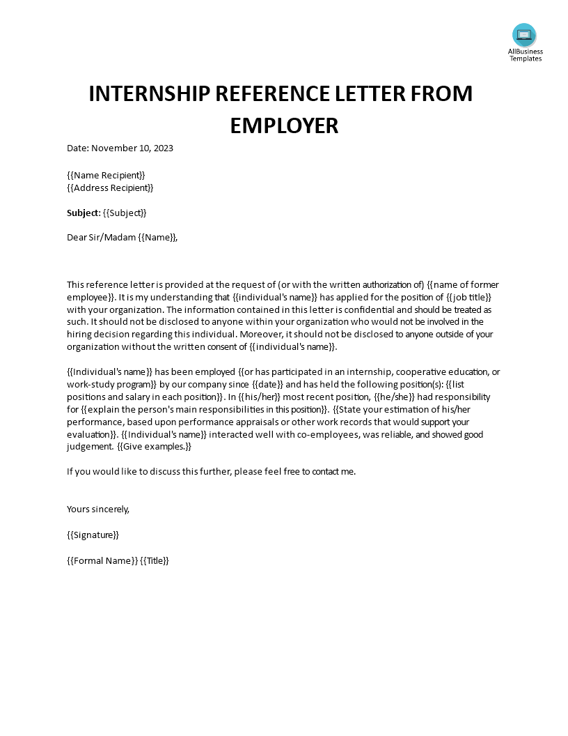recommendation letter for student internship