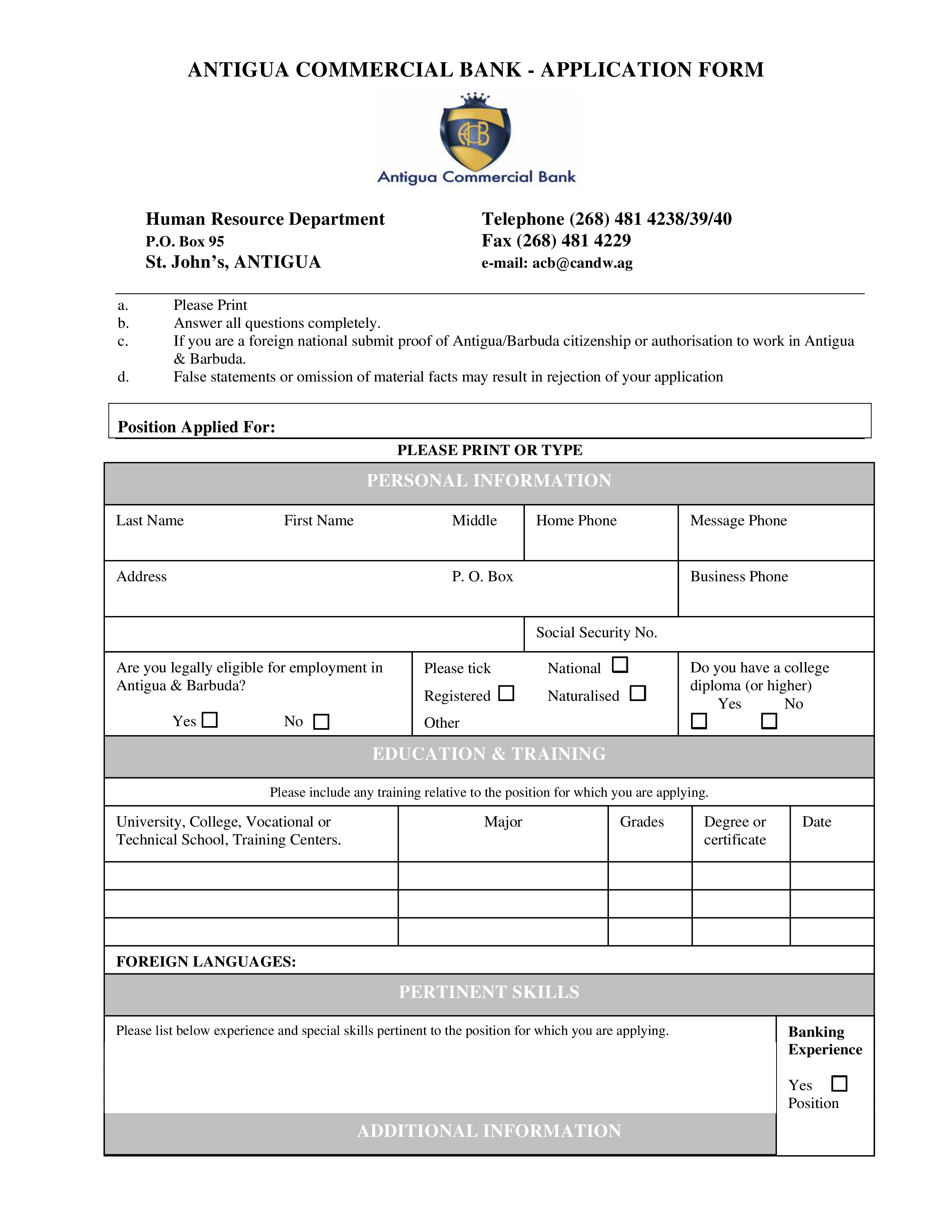 Commercial Bank Job Application Form Templates At 