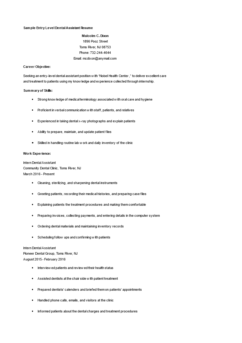 Entry Level Dental Assistant Resume Templates At Allbusinesstemplates