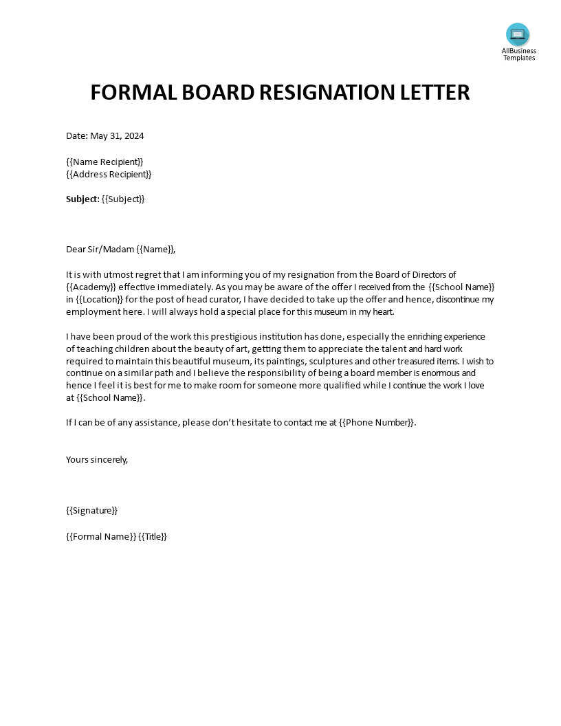 Formal Board Resignation Letter Templates at allbusinesstemplates com