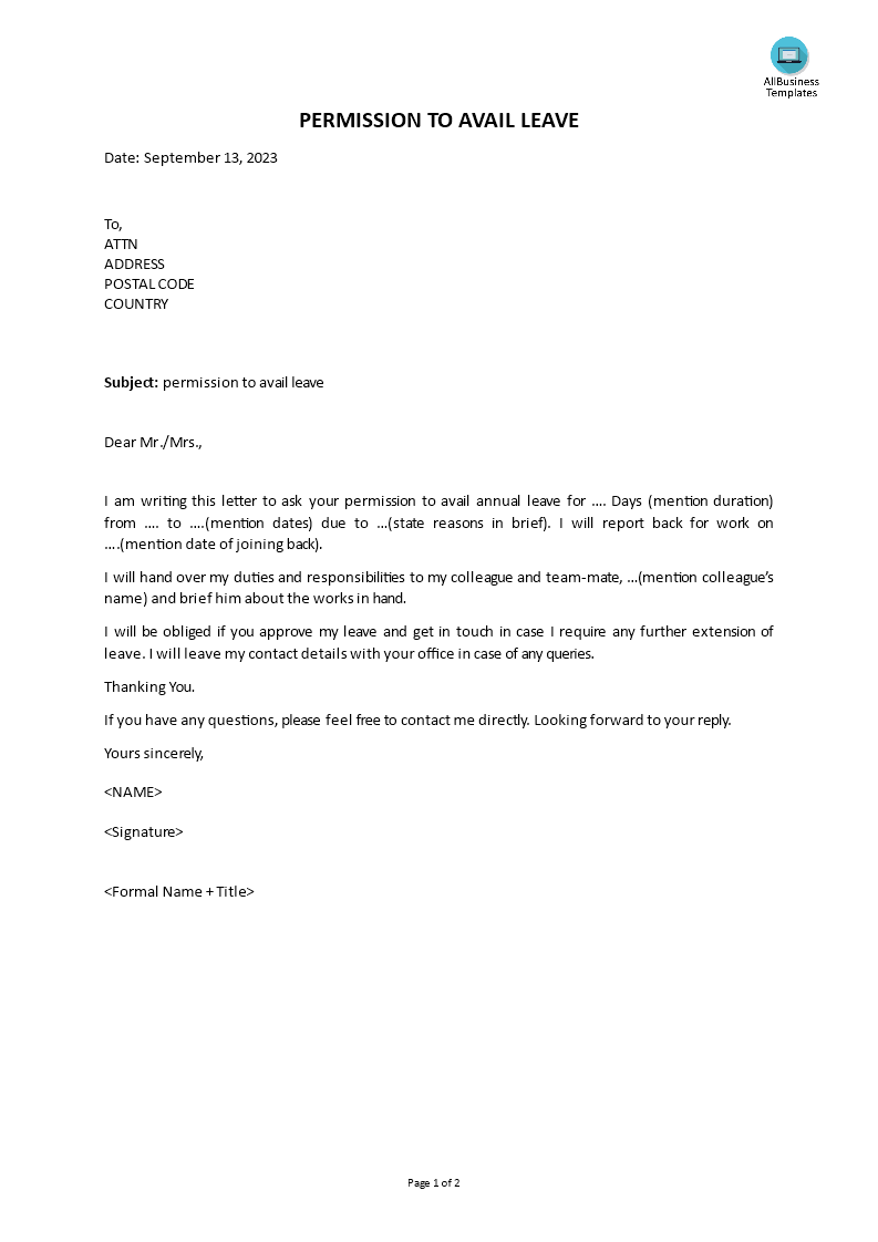 Office Leave Letter | Templates at 