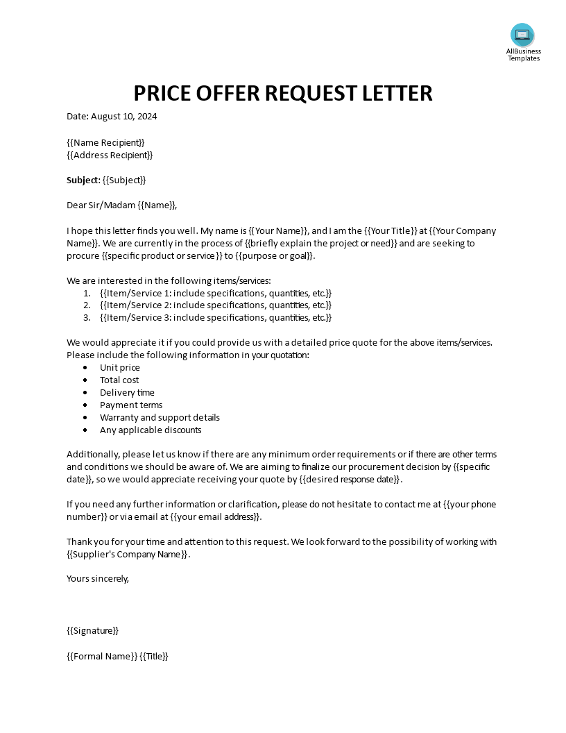 Price Offer Request Letter | Templates at allbusinesstemplates.com