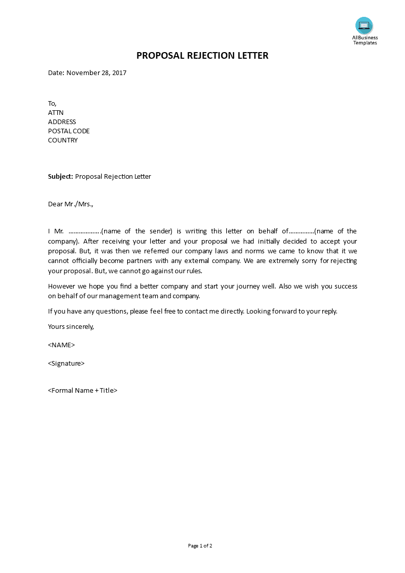 Proposal Rejection Letter Sample Templates At Allbusinesstemplates