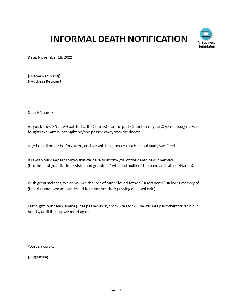 Kostenloses Death Notification Letter Sample