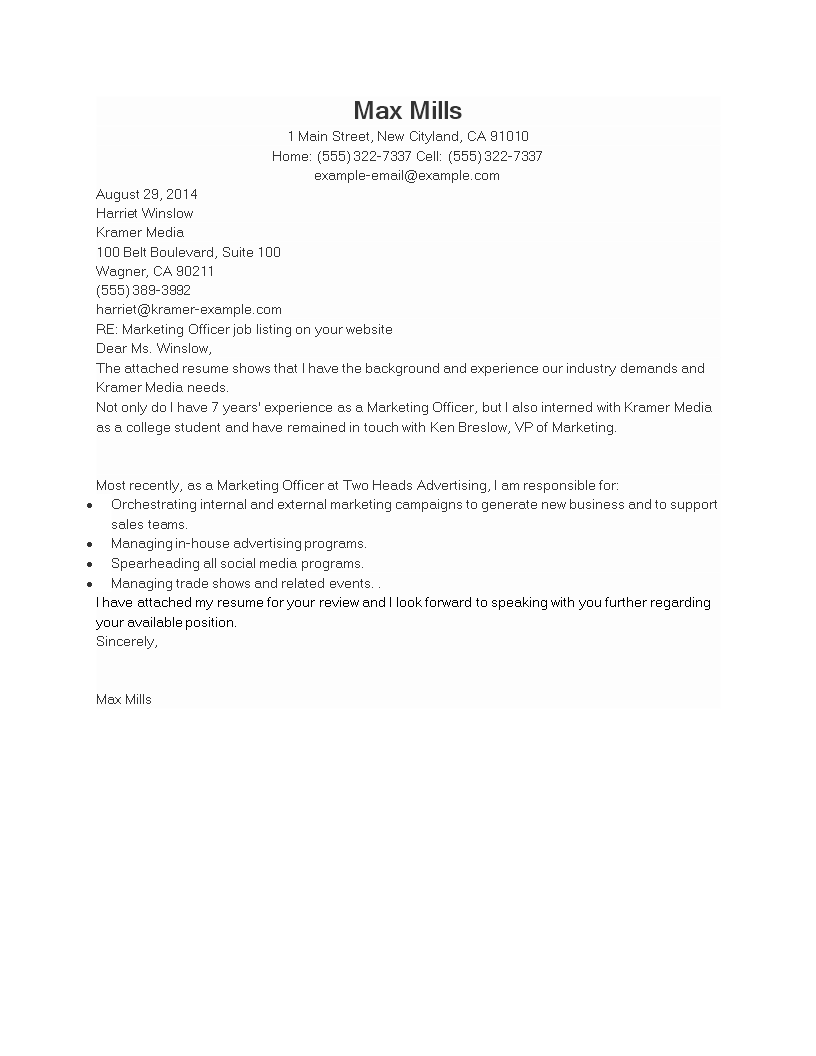  Sample Marketing Officer Job Application Letter 