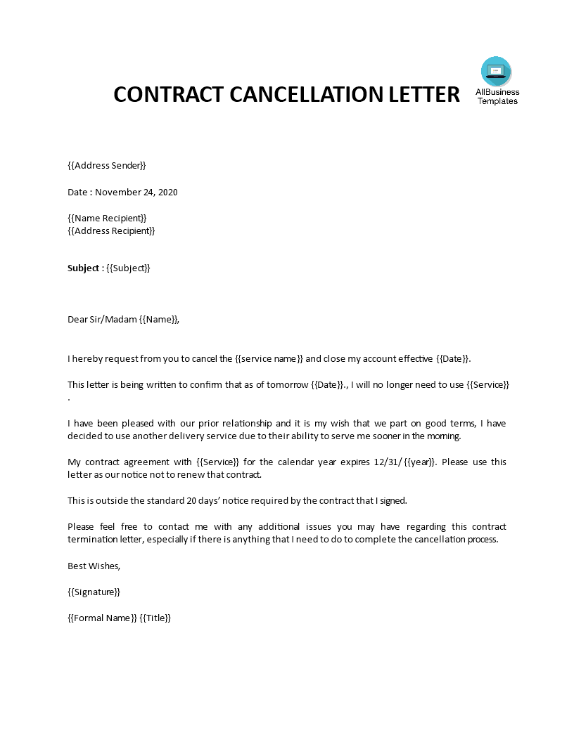 Cancellation Of Contract Letter Templates At Allbusinesstemplates