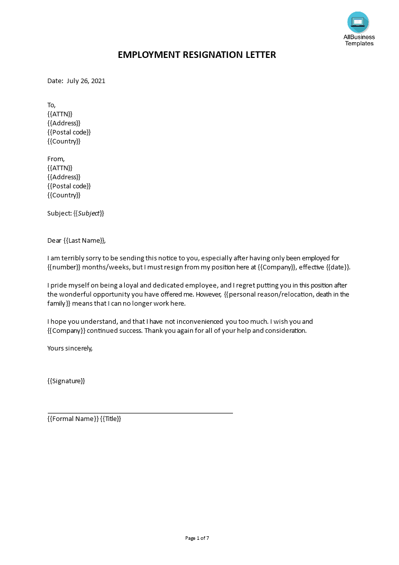 Gratis Short Employment Resignation Letter