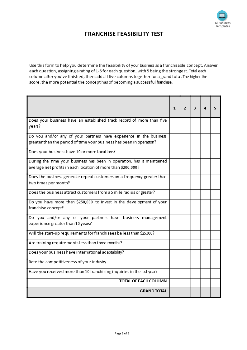 test franchise feasibility template