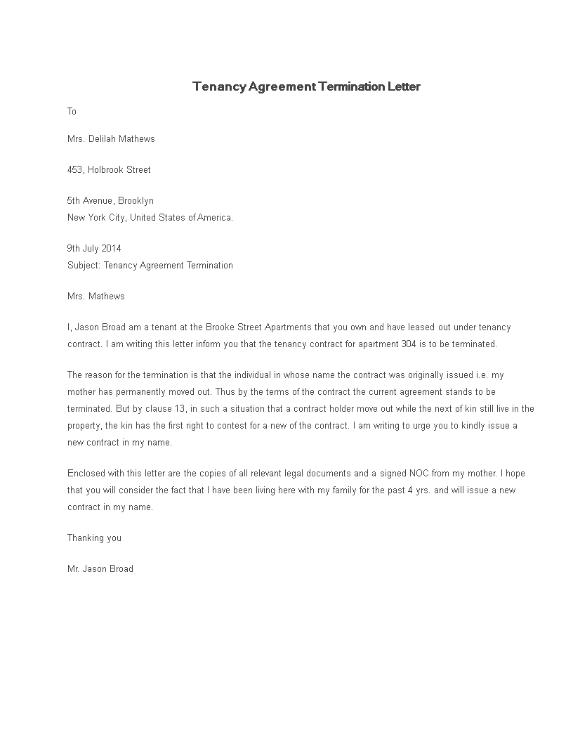 Tenancy Agreement Termination Letter Sample Templates At 