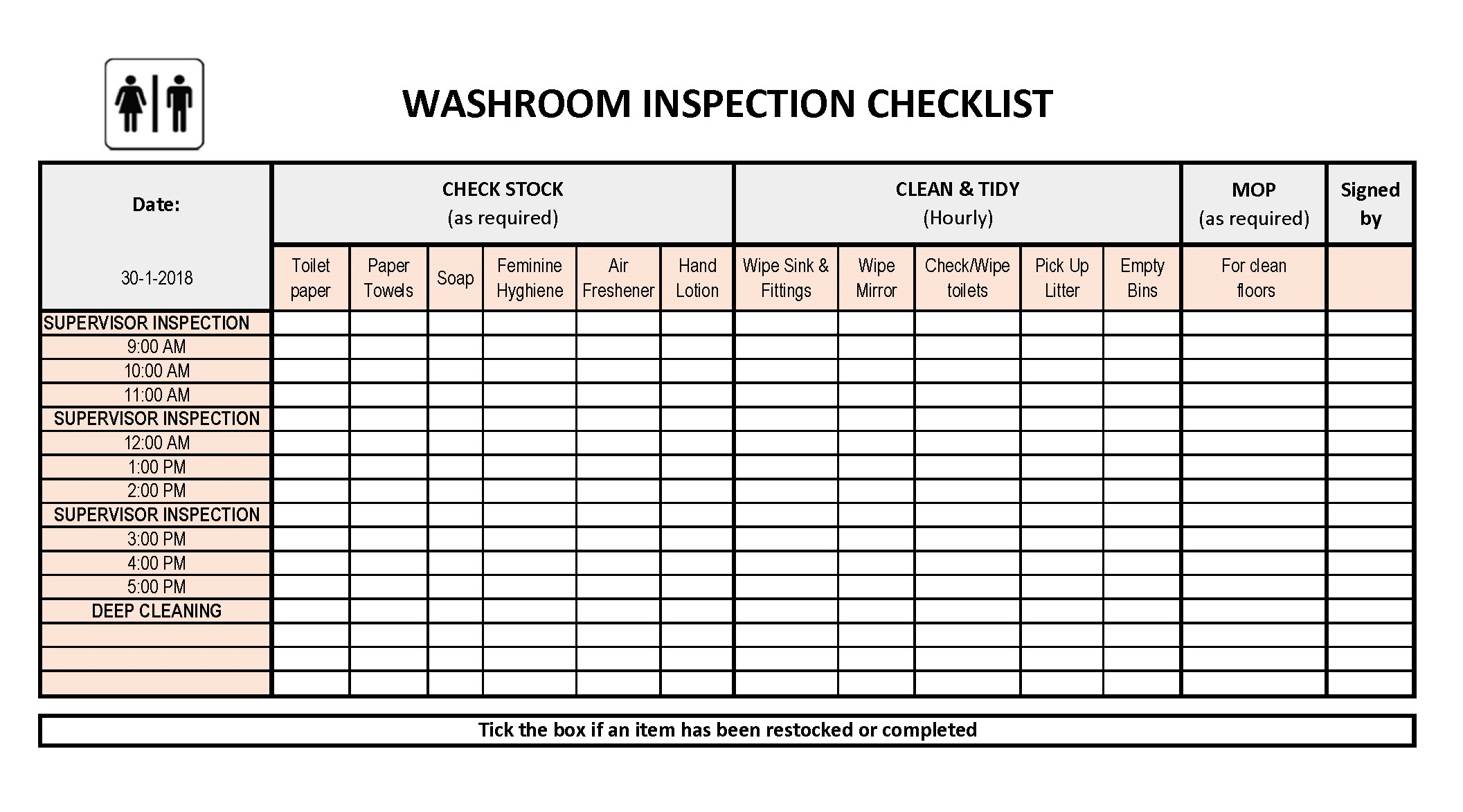 Public Restroom Cleaning Checklist Templates At Allbusinesstemplates