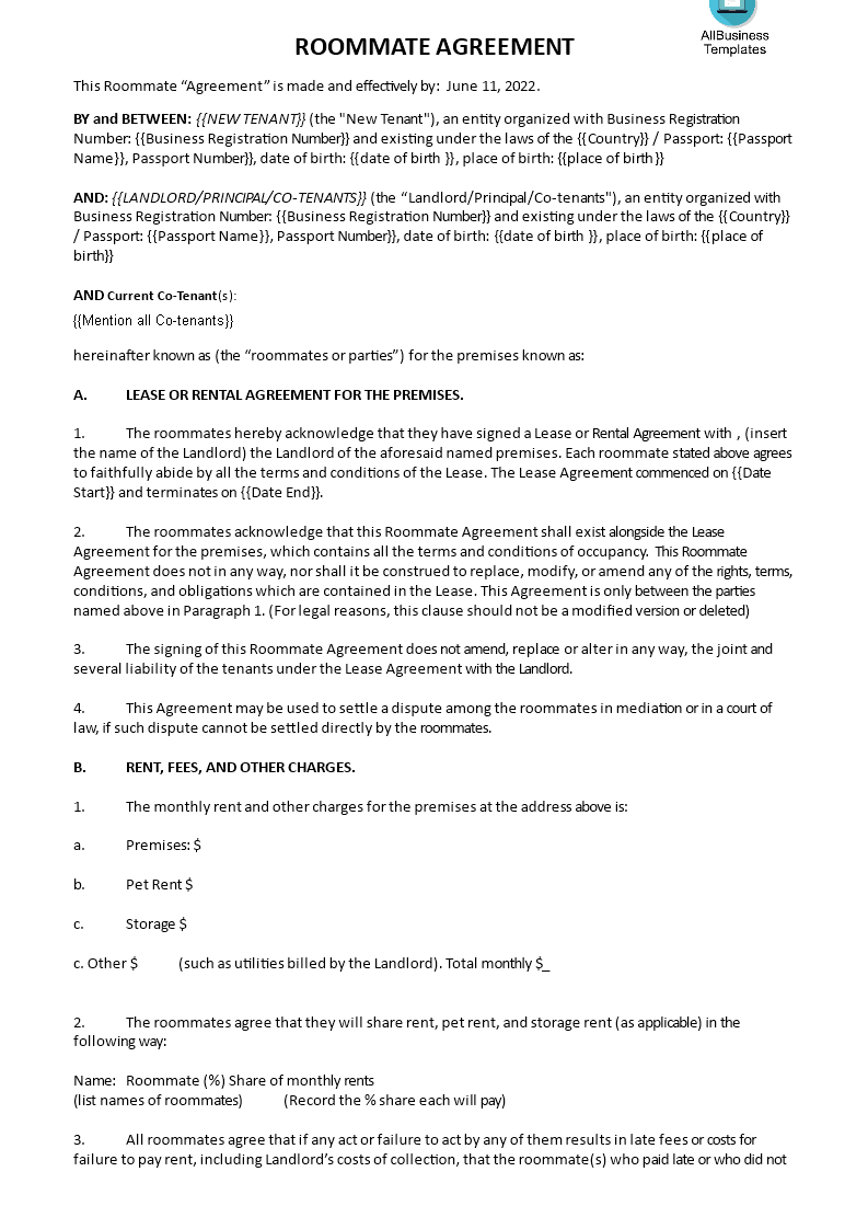 Sample Roommate Agreement Form | Templates at allbusinesstemplates.com