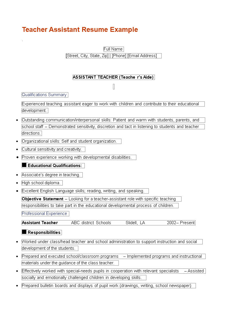 Teacher Assistant Resume Objective Templates At Allbusinesstemplates