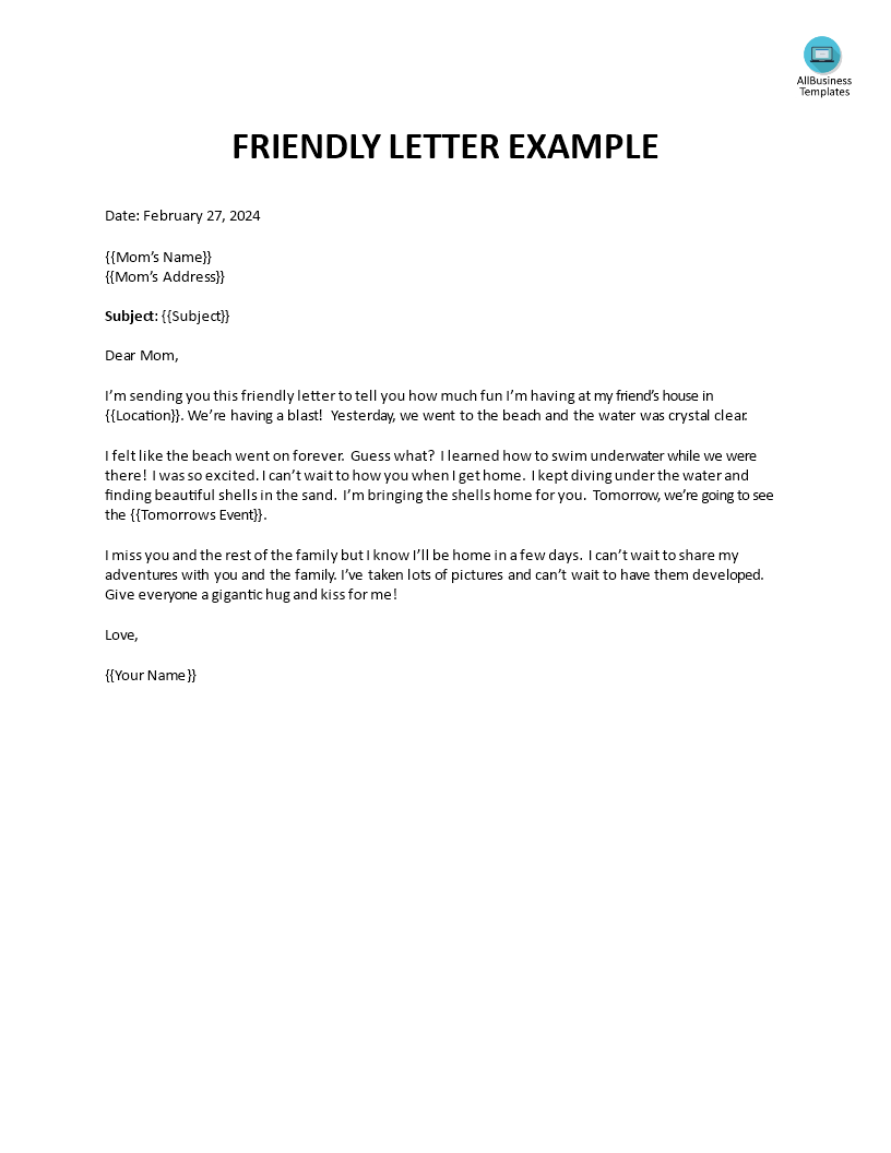 Friendly Letter Format To Mom | Templates at allbusinesstemplates.com