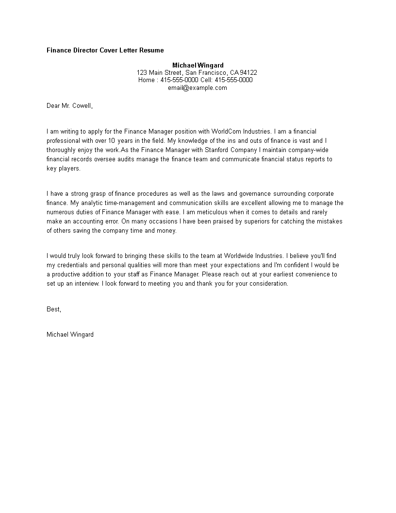 cover letter template for finance manager