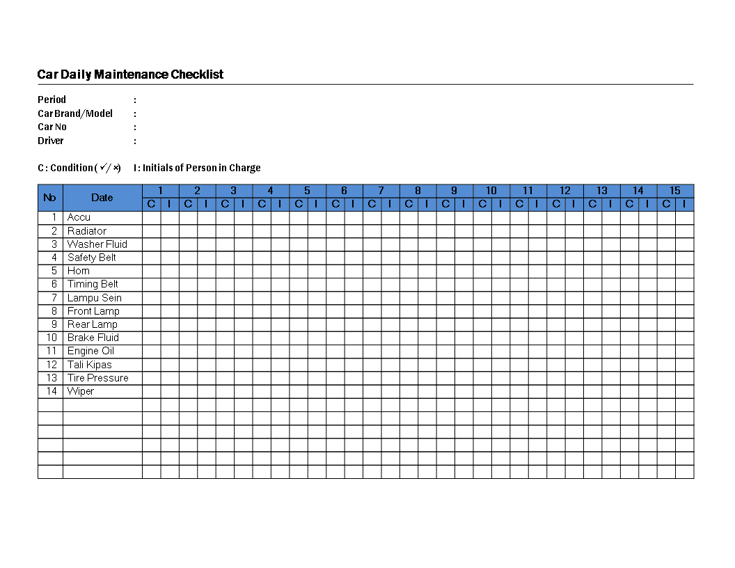 Car Daily Maintenance Checklist Templates At Allbusinesstemplates