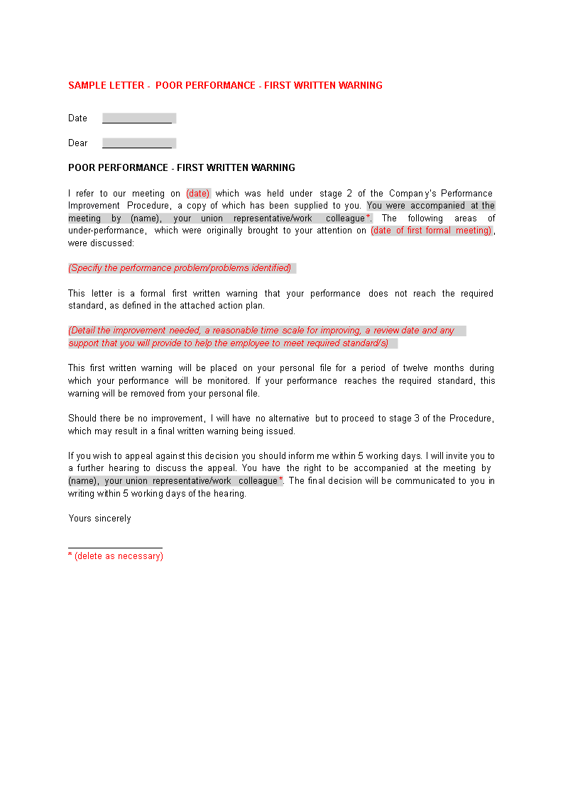 First Warning Letter For Poor Performance main image