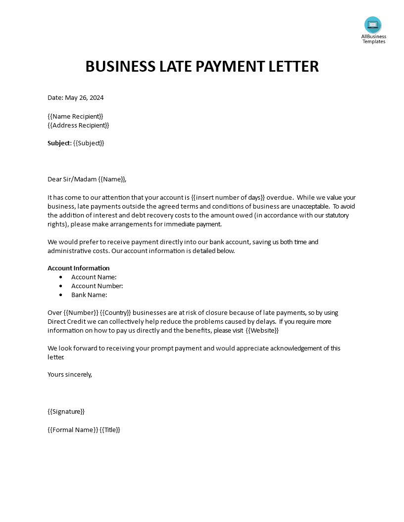 business late payment letter modèles