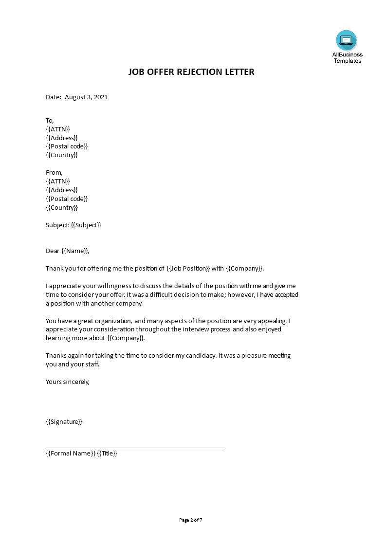 Proper Job Rejection Letter sample | Templates at allbusinesstemplates.com