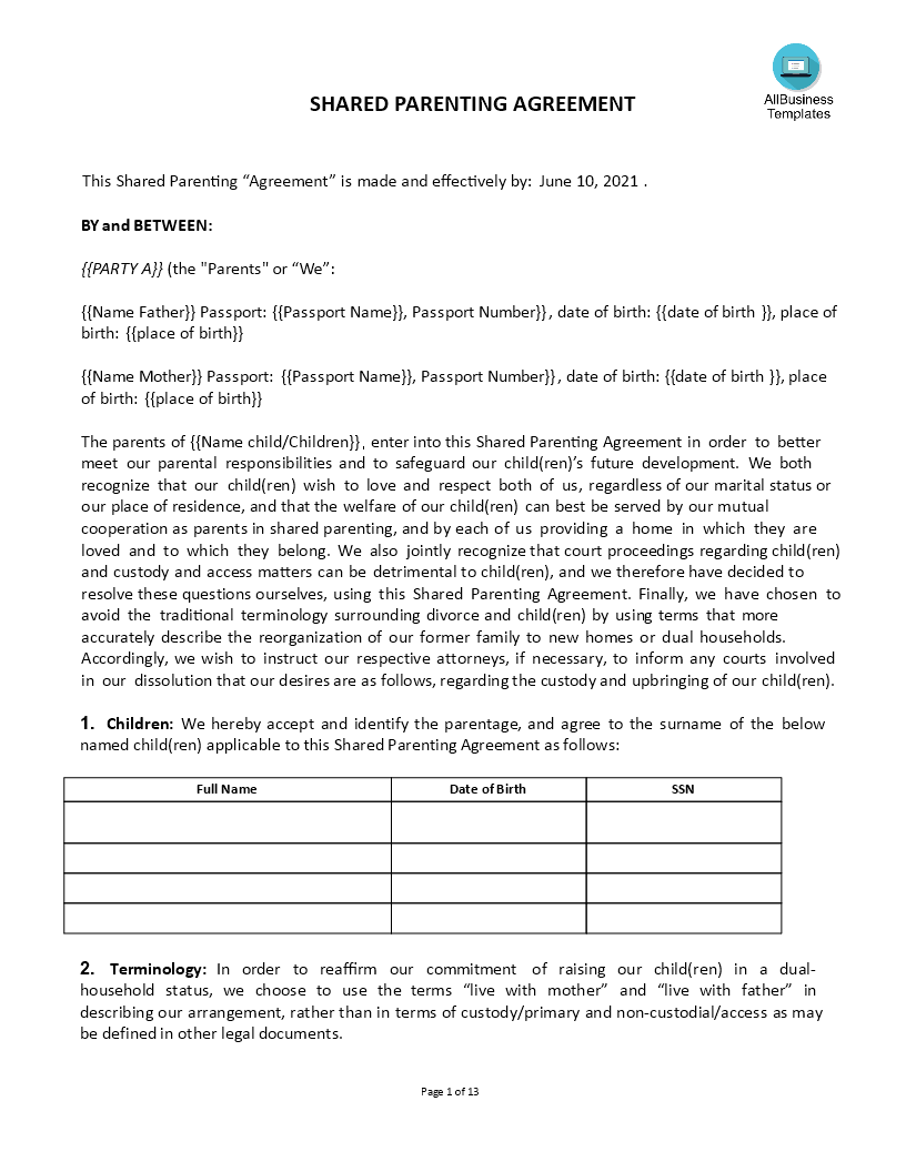Shared Parenting Agreement Templates at