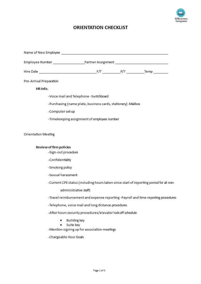 hr orientation checklist template