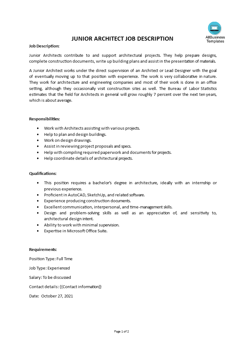 Gratis Junior Architect Job Description