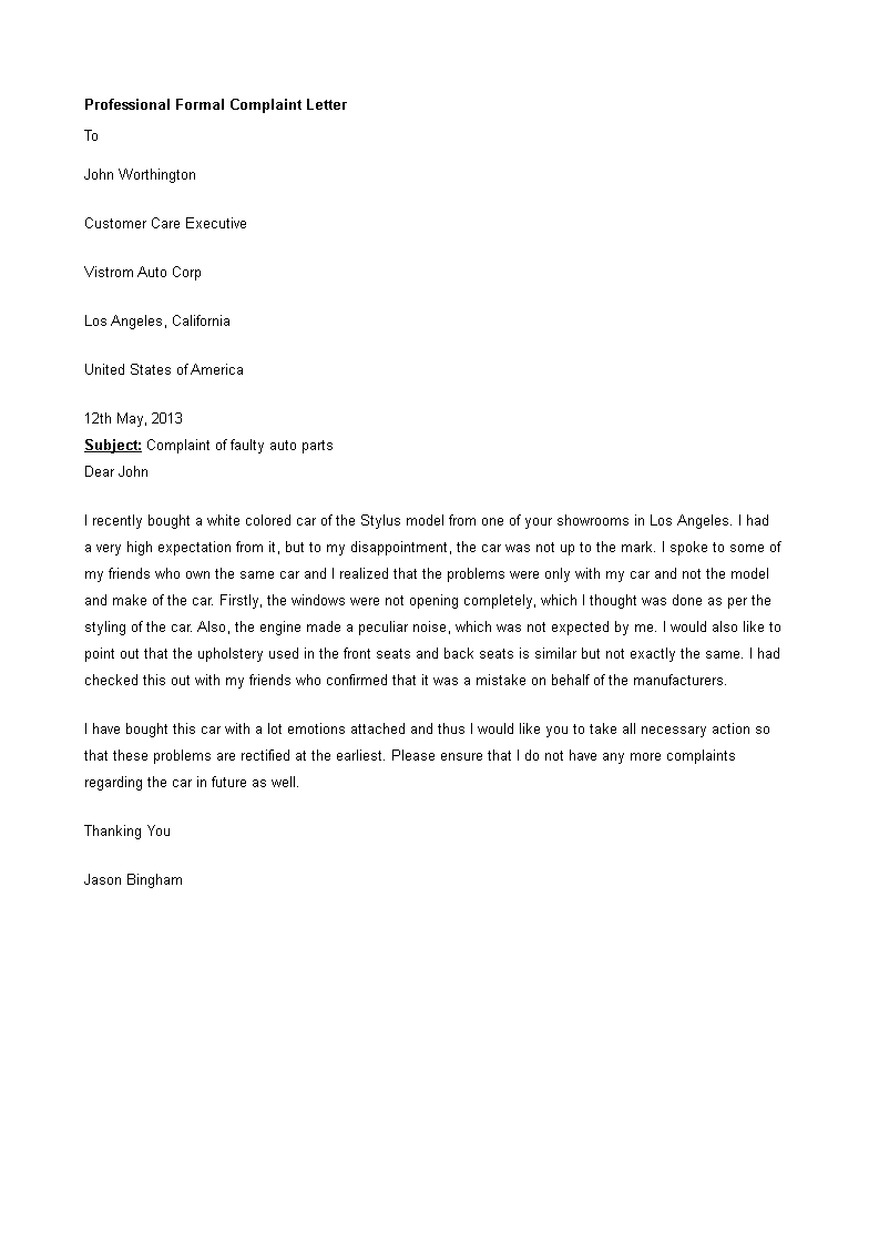 Professional Formal Complaint Letter Templates At 