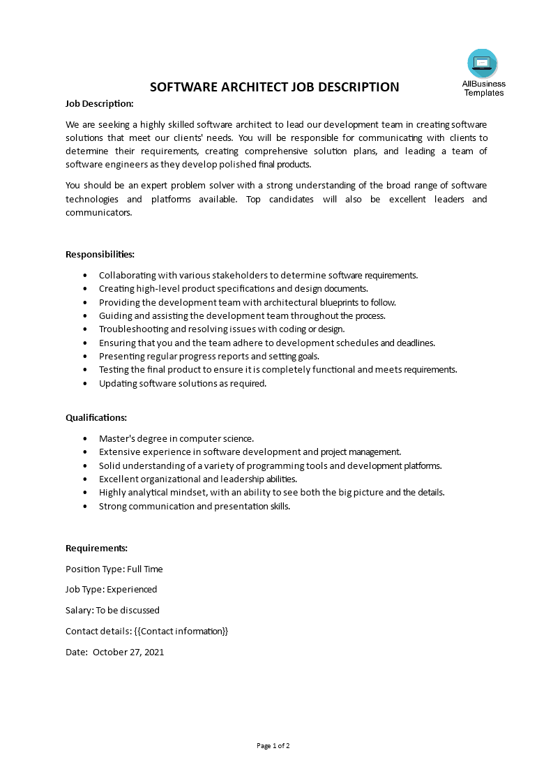 Gratis Software Architect Job Description