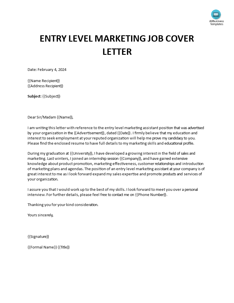 免费 Entry Level Marketing Job Cover Letter 样本文件在 allbusinesstemplates com