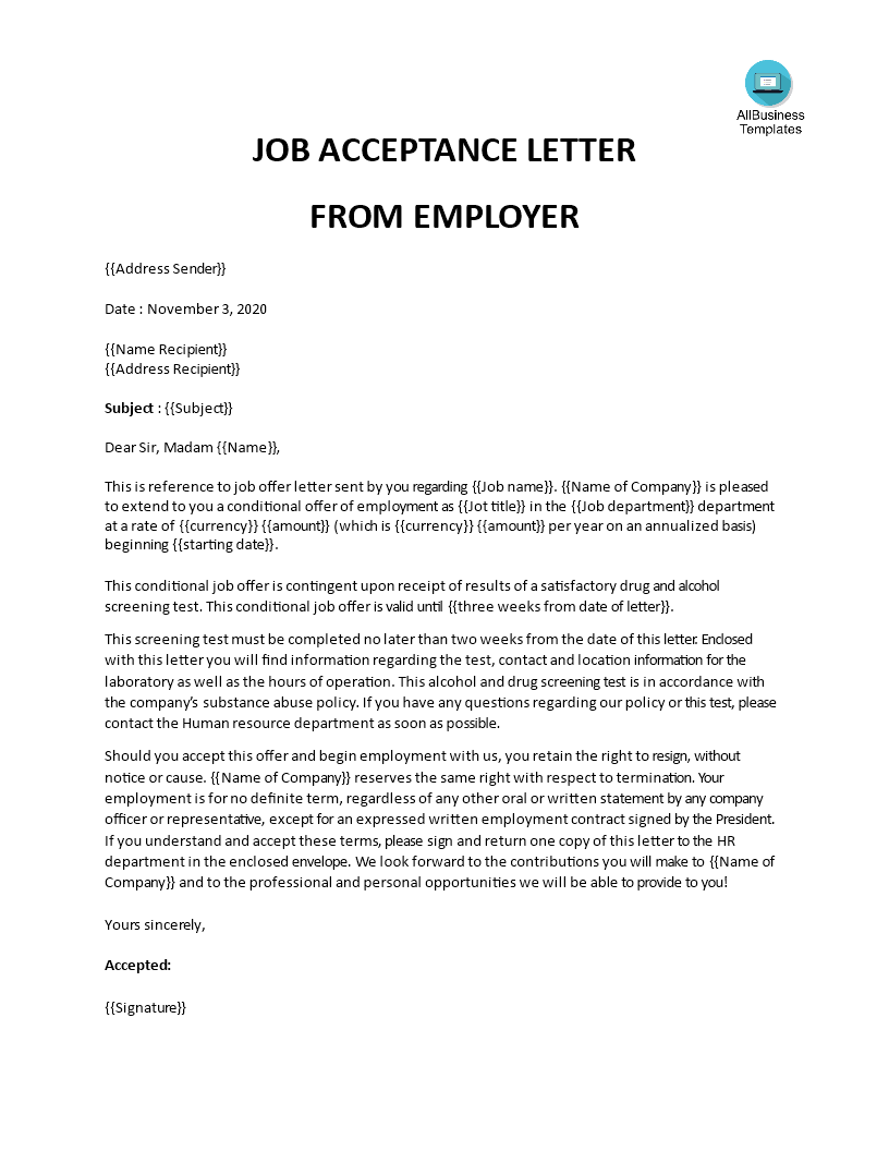 Conditional Job Offer Acceptance Letter Templates At 