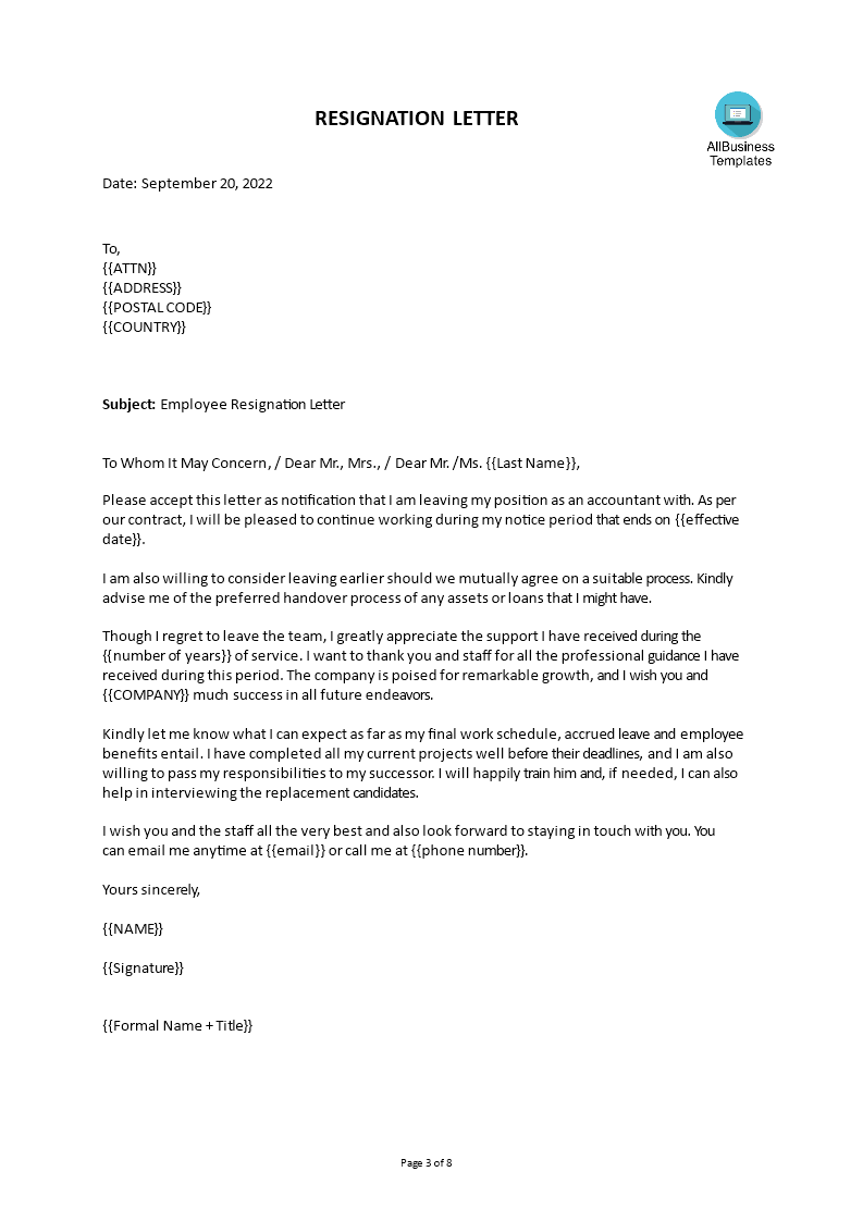 Formal Employee Resignation Letter | Templates at allbusinesstemplates.com