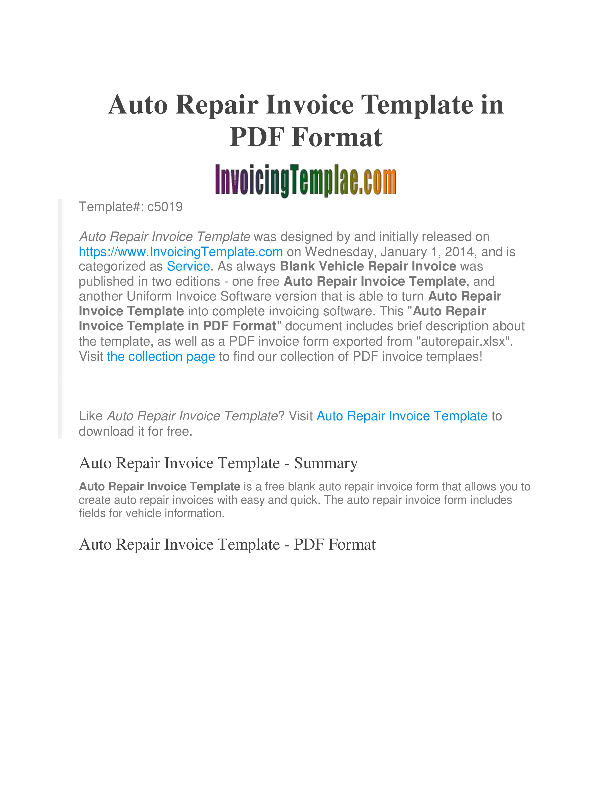 blank auto repair invoice modèles