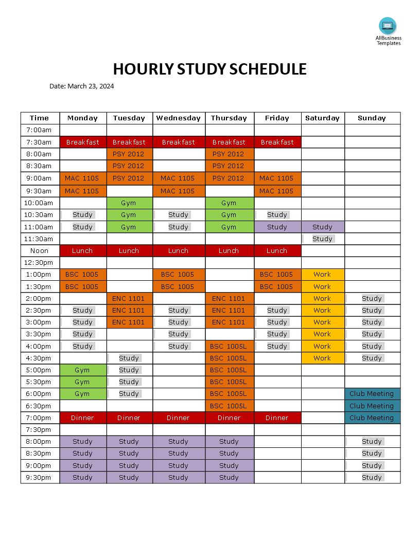 Kostenloses Hourly Study Schedule Pertaining To Blank Revision Timetable Template