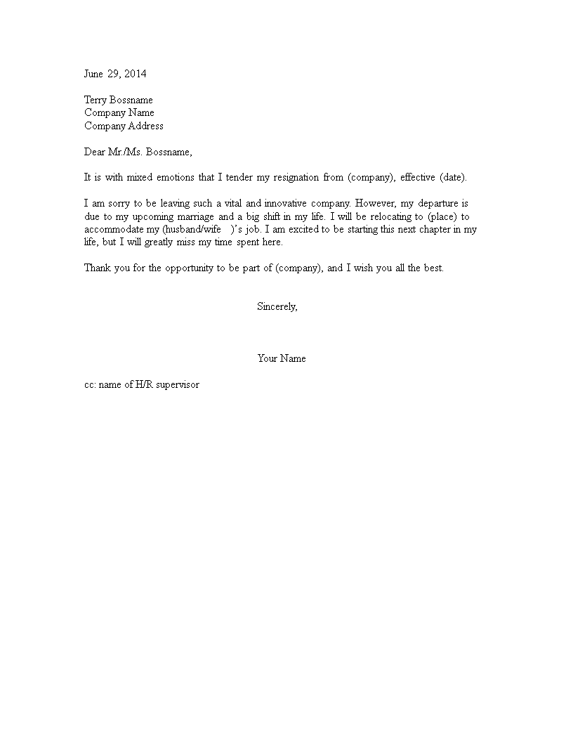 Resignation Letter Due To Relocation After Marriage Templates At 