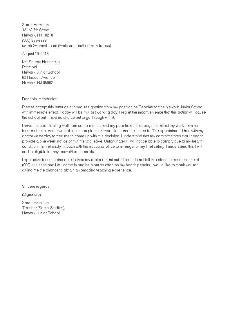 免费teacher Immediate Resignation Letter 样本文件在allbusinesstemplates Com