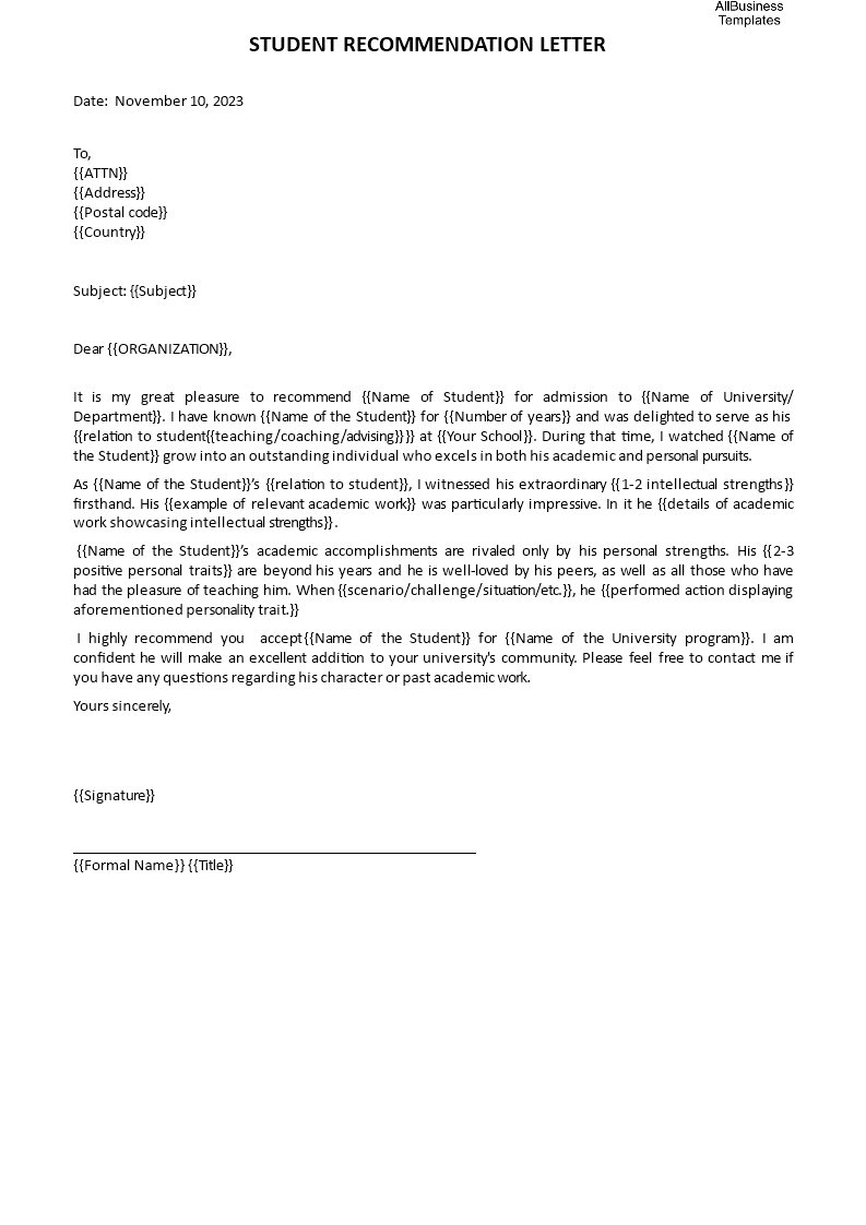 Job Recommendation Letter For Student | Templates at ...