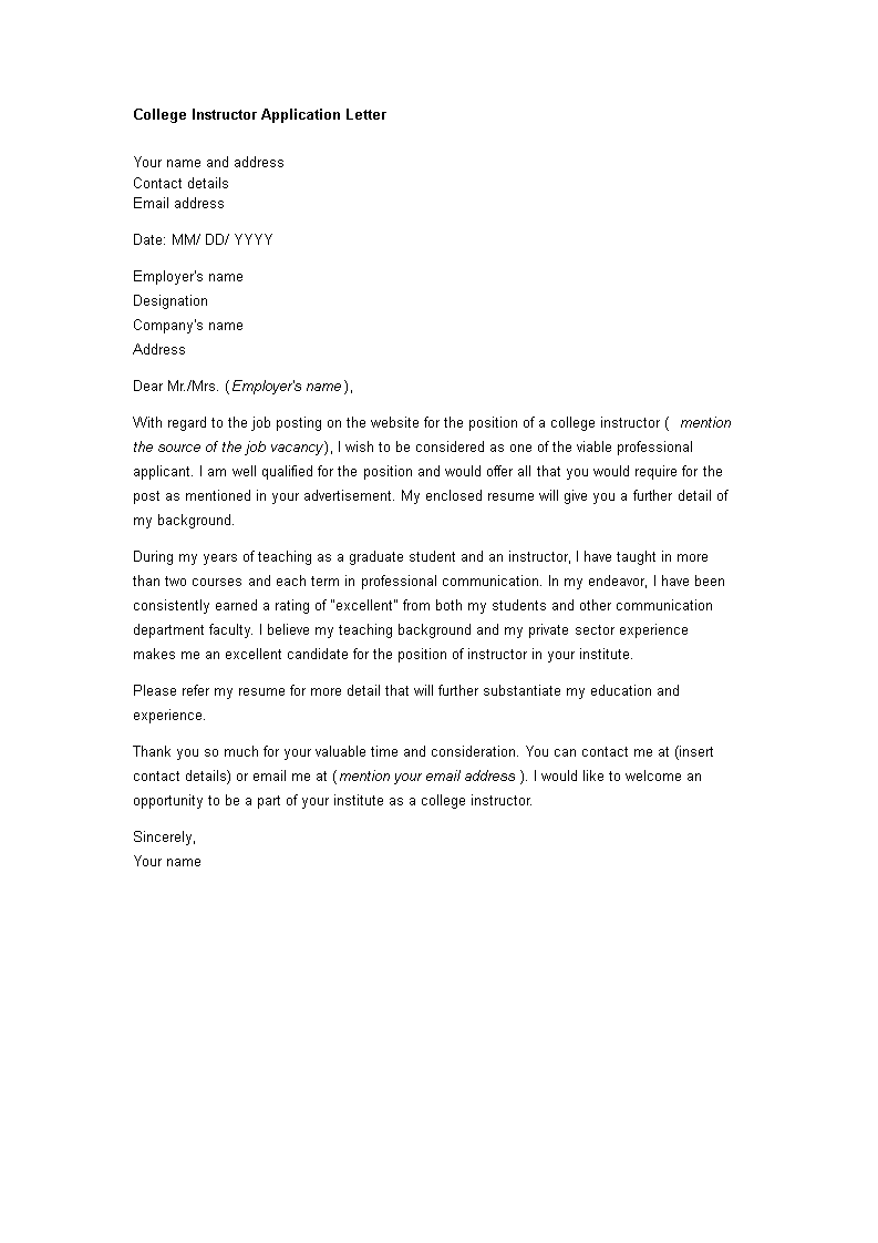 sample application letter as part time instructor