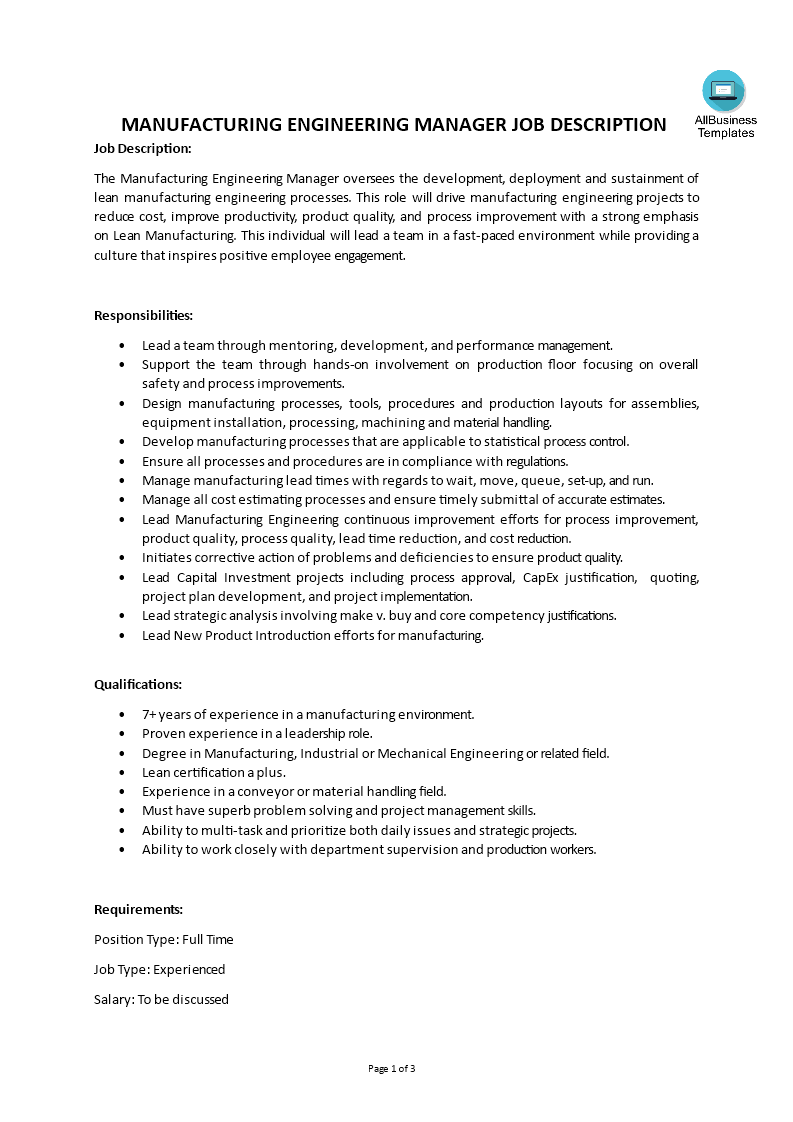 Kostenloses Manufacturing Engineering Manager Job Description