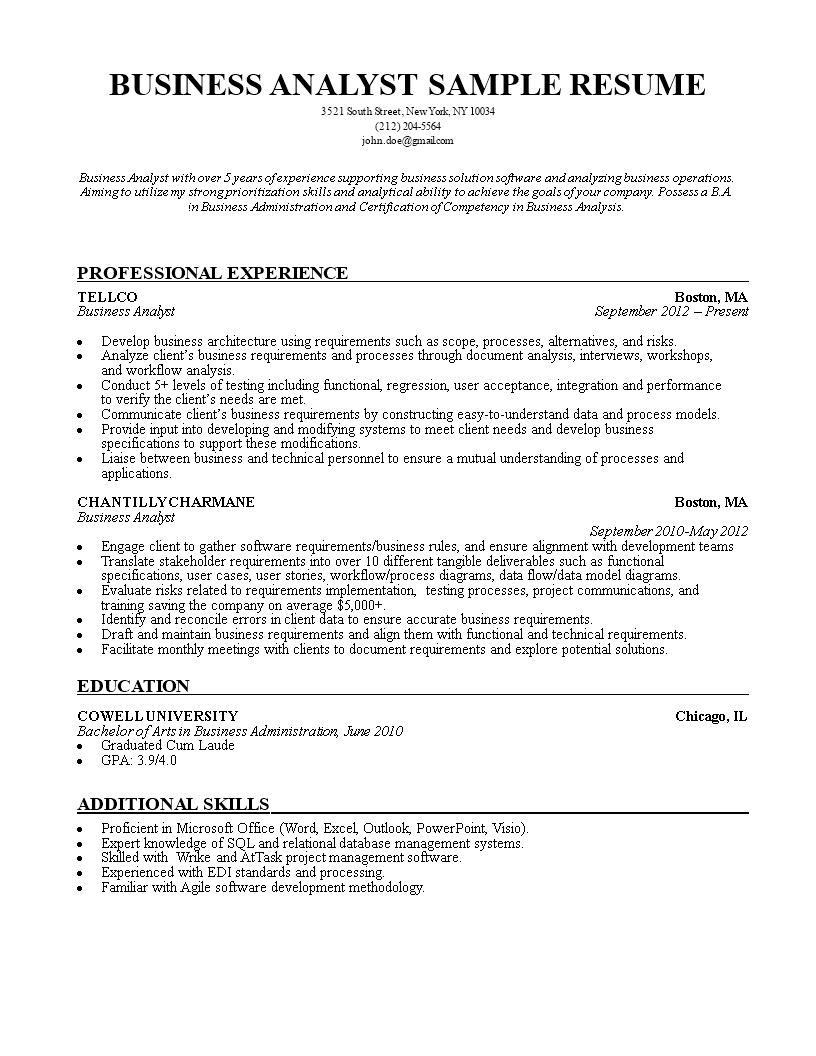 Business Analyst Resume Sample For Freshers