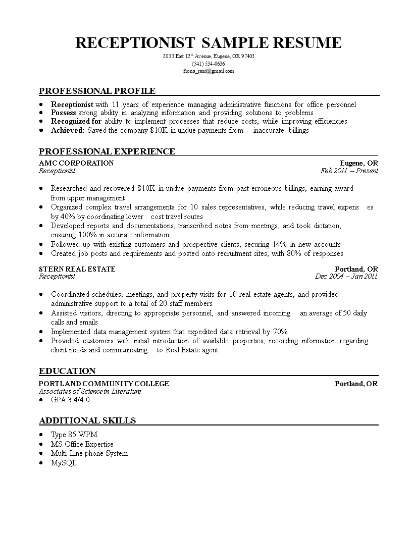 resume for receptionist