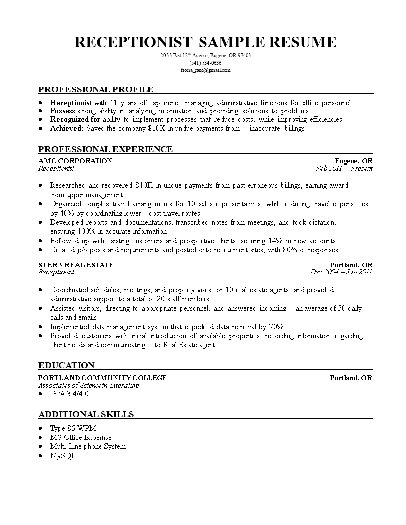 Receptionist Resume Templates At Allbusinesstemplates