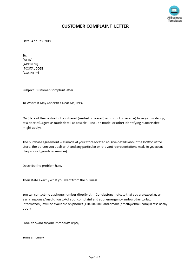 Customer Complaint Letter Sample Templates At Allbusinesstemplates