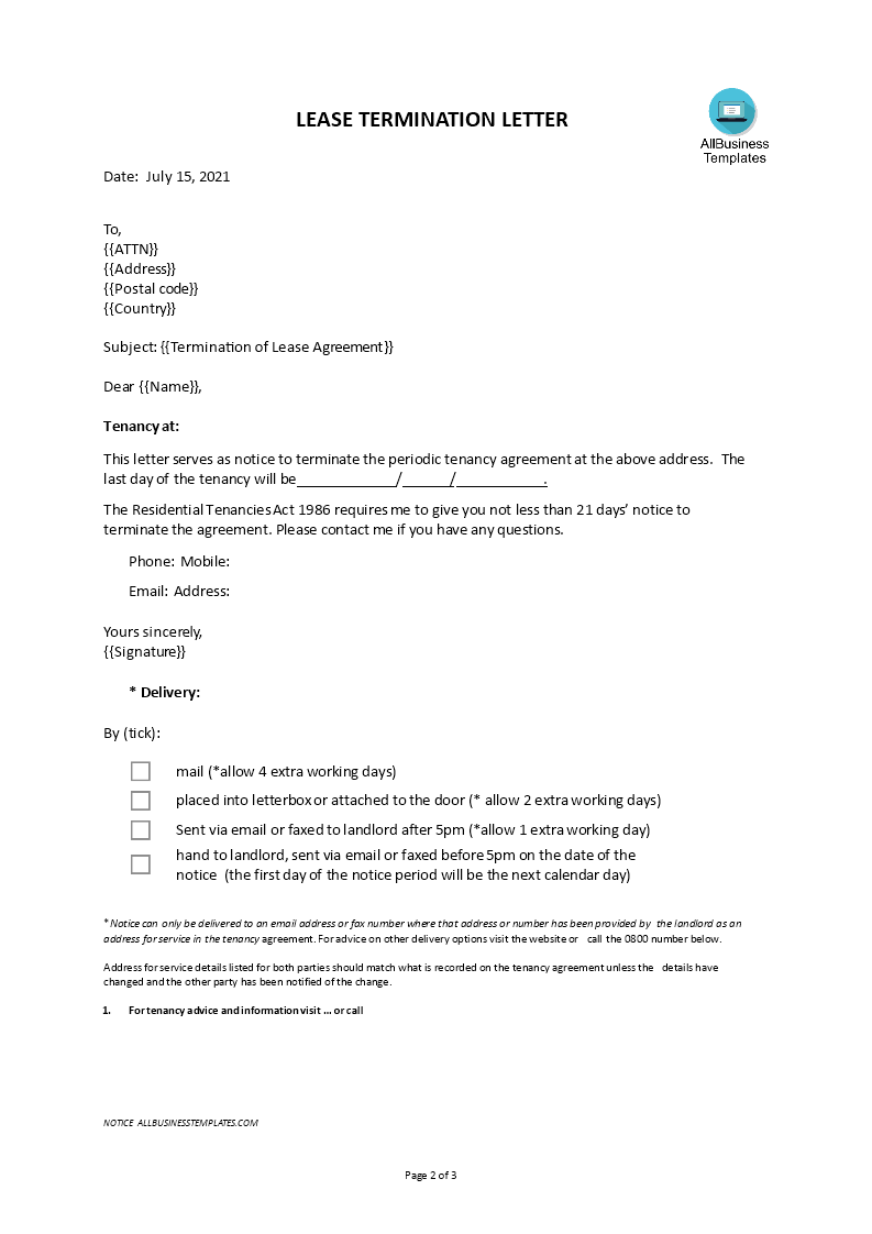 Notice Of Lease Termination Letter From Landlord To Tenant Templates